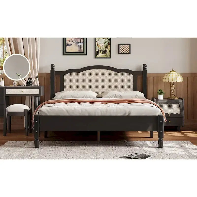 Walnut / Black Rattan Headboard Bed Frame, Full & Queen, Fits 1–2