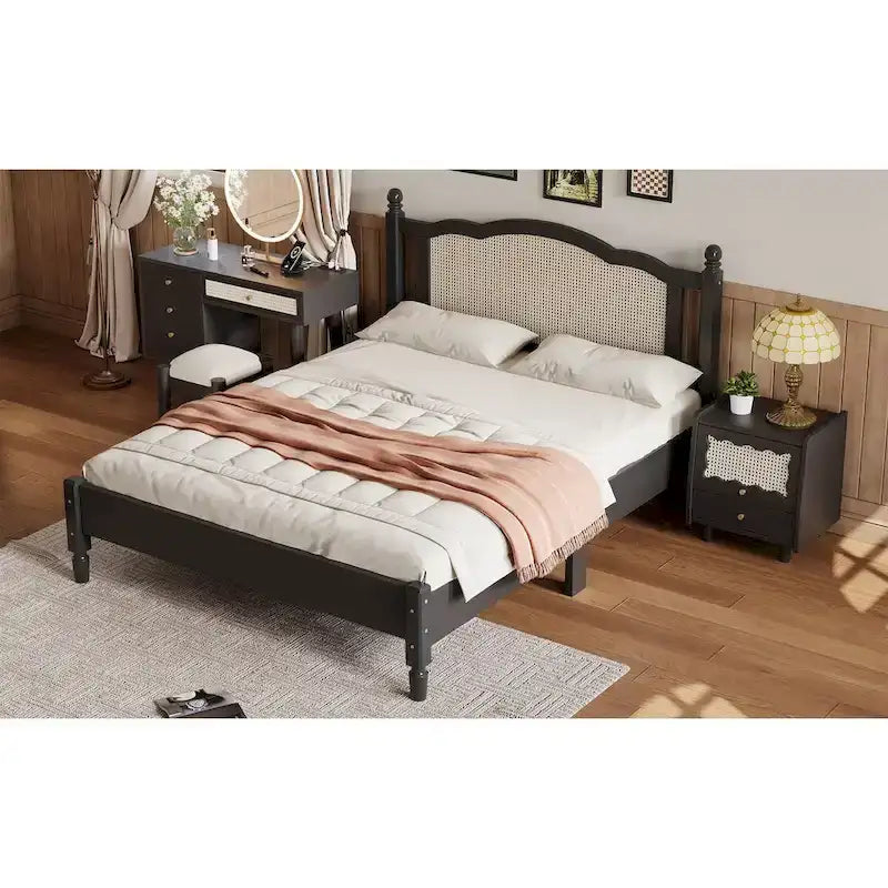 Walnut / Black Rattan Headboard Bed Frame, Full & Queen, Fits 1–2