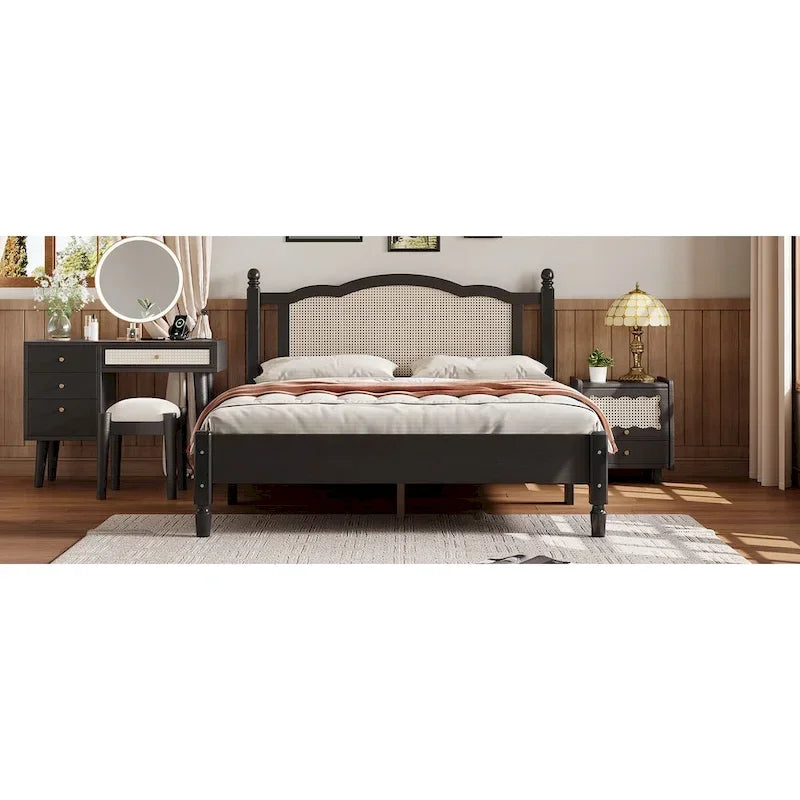 Walnut / Black Rattan Headboard Bed Frame, Full & Queen, Fits 1–2