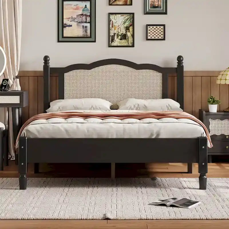 Walnut / Black Rattan Headboard Bed Frame, Full & Queen, Fits 1–2