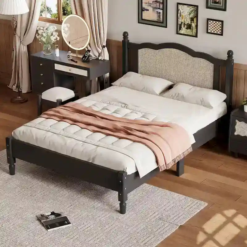Walnut / Black Rattan Headboard Bed Frame, Full & Queen, Fits 1–2
