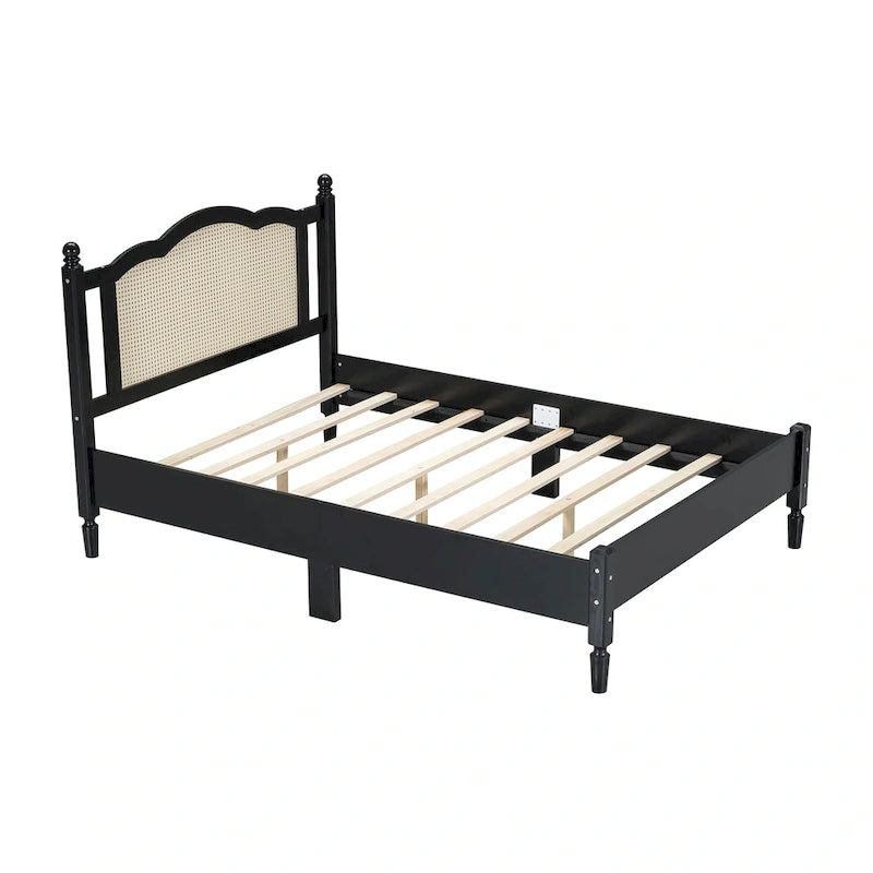 Walnut / Black Rattan Headboard Bed Frame, Full & Queen, Fits 1–2