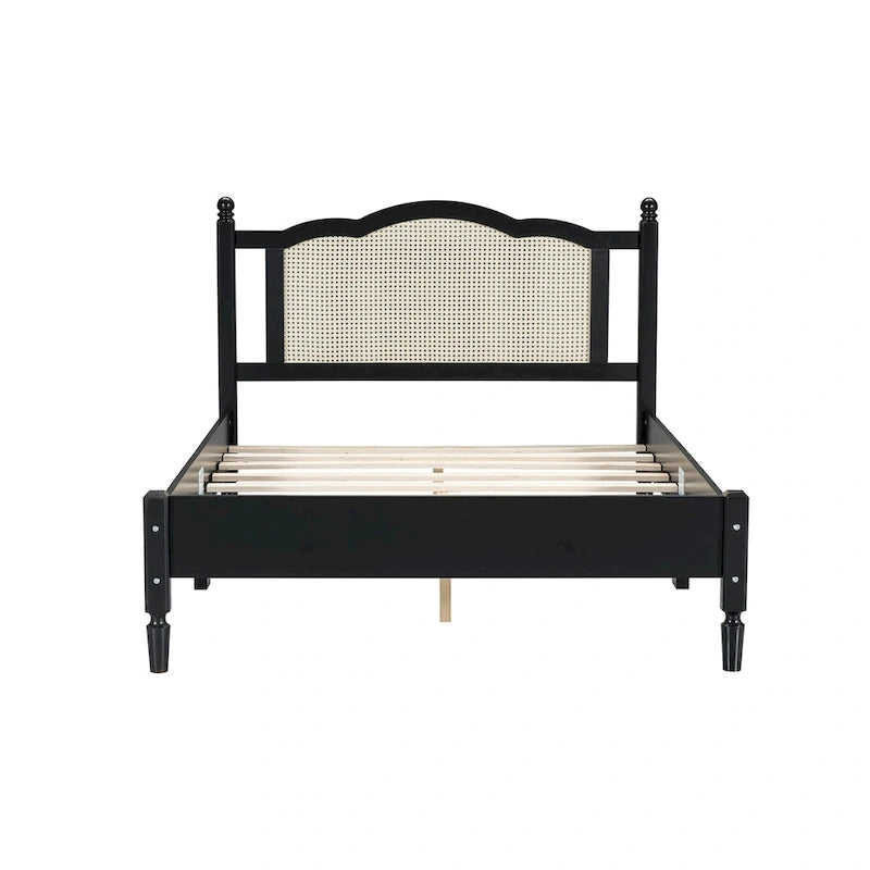 Walnut / Black Rattan Headboard Bed Frame, Full & Queen, Fits 1–2