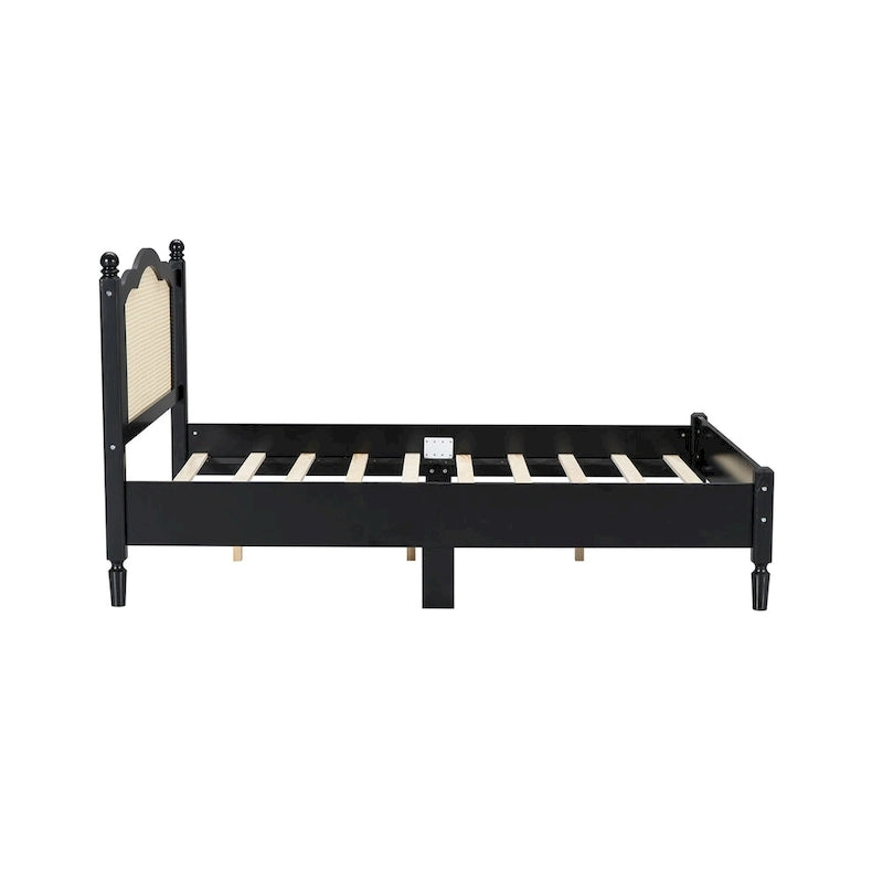 Walnut / Black Rattan Headboard Bed Frame, Full & Queen, Fits 1–2