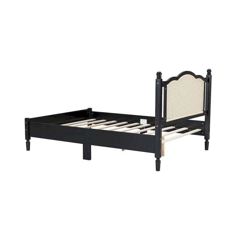 Walnut / Black Rattan Headboard Bed Frame, Full & Queen, Fits 1–2