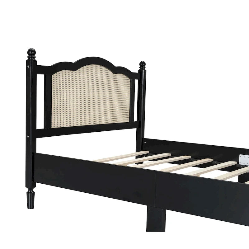Walnut / Black Rattan Headboard Bed Frame, Full & Queen, Fits 1–2