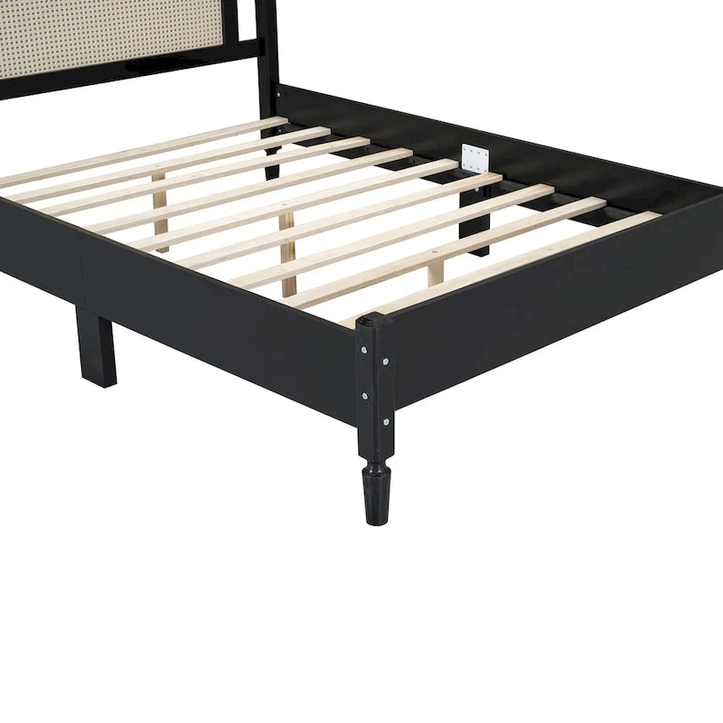 Walnut / Black Rattan Headboard Bed Frame, Full & Queen, Fits 1–2