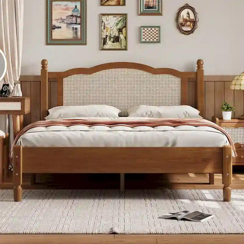 Walnut / Black Rattan Headboard Bed Frame, Full & Queen, Fits 1–2