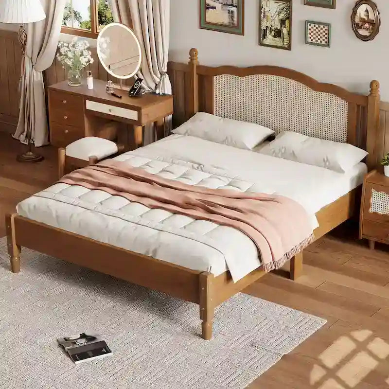 Walnut / Black Rattan Headboard Bed Frame, Full & Queen, Fits 1–2