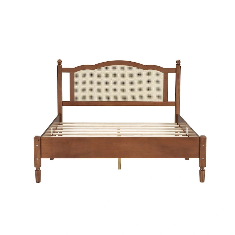 Walnut / Black Rattan Headboard Bed Frame, Full & Queen, Fits 1–2
