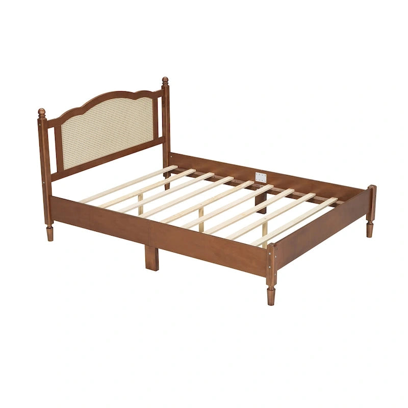 Walnut / Black Rattan Headboard Bed Frame, Full & Queen, Fits 1–2