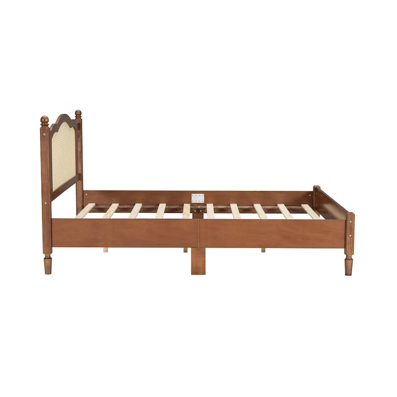 Walnut / Black Rattan Headboard Bed Frame, Full & Queen, Fits 1–2
