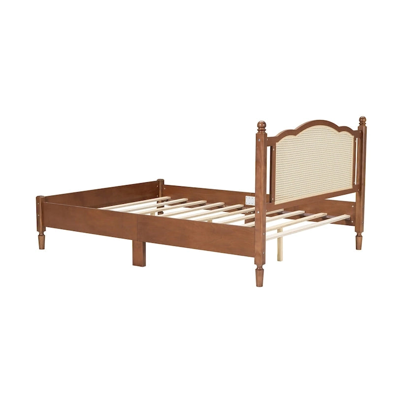 Walnut / Black Rattan Headboard Bed Frame, Full & Queen, Fits 1–2