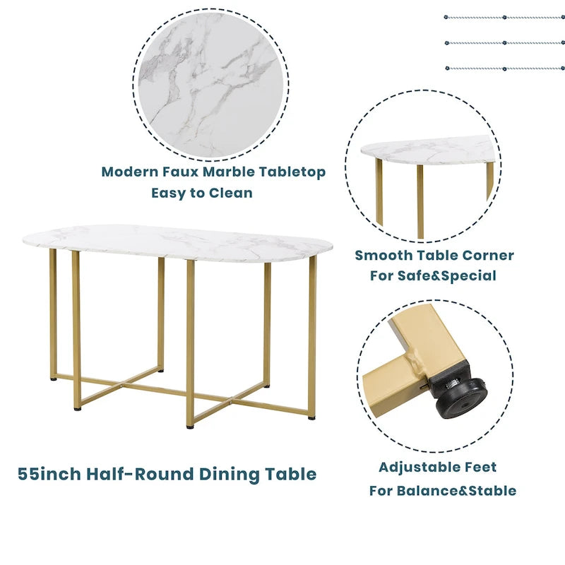 Golden+White 7-Piece Metal Frame Dining Table Set with Half-Round Table & 6 Chairs
