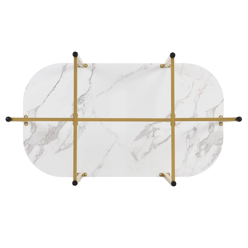 Golden+White 7-Piece Metal Frame Dining Table Set with Half-Round Table & 6 Chairs
