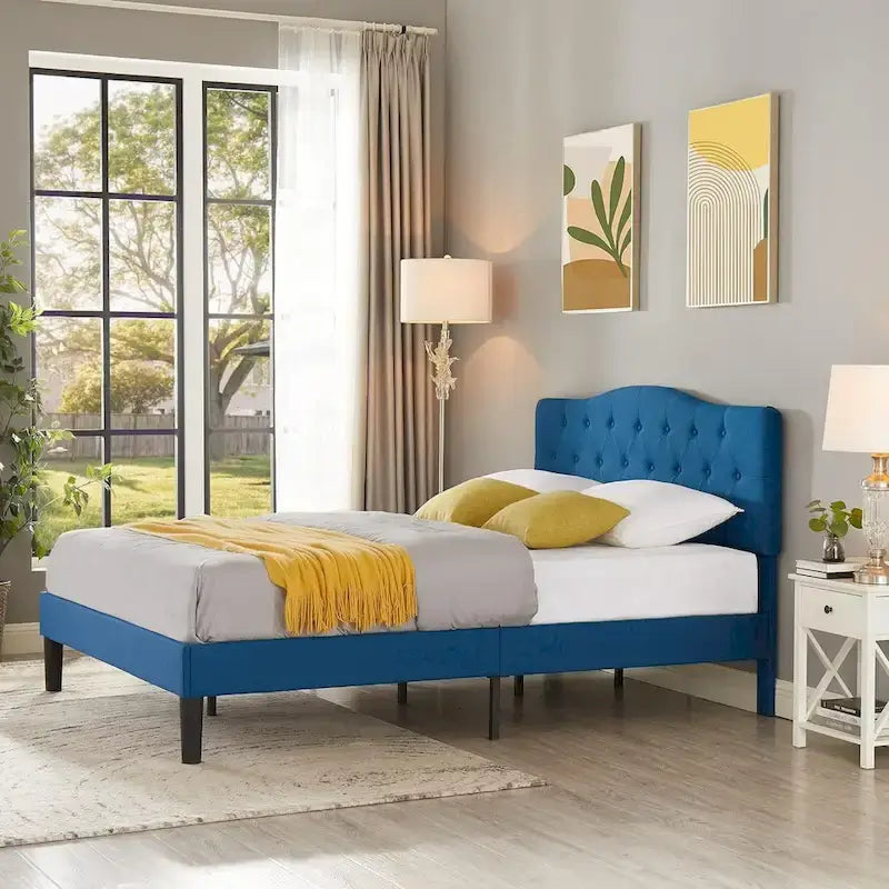 Dark Blue Tufted Upholstered Platform Bed Frame, Adjustable Headboard – Twin / Full / Queen