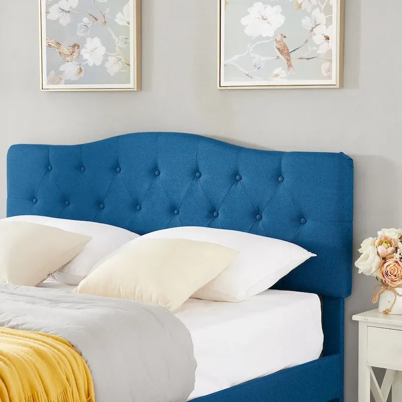 Dark Blue Tufted Upholstered Platform Bed Frame, Adjustable Headboard – Twin / Full / Queen