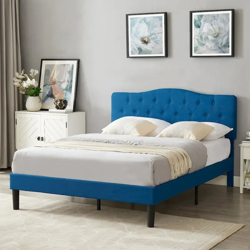 Dark Blue Tufted Upholstered Platform Bed Frame, Adjustable Headboard – Twin / Full / Queen