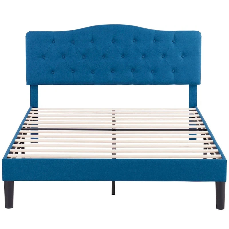 Dark Blue Tufted Upholstered Platform Bed Frame, Adjustable Headboard – Twin / Full / Queen