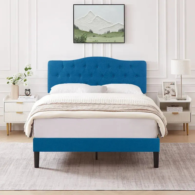 Dark Blue Tufted Upholstered Platform Bed Frame, Adjustable Headboard – Twin / Full / Queen