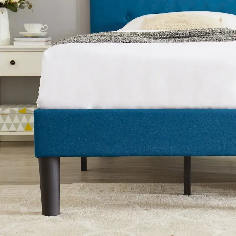 Dark Blue Tufted Upholstered Platform Bed Frame, Adjustable Headboard – Twin / Full / Queen