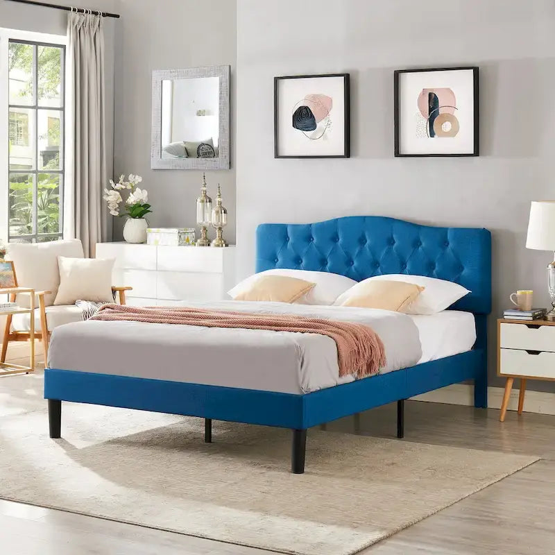 Dark Blue Tufted Upholstered Platform Bed Frame, Adjustable Headboard – Twin / Full / Queen