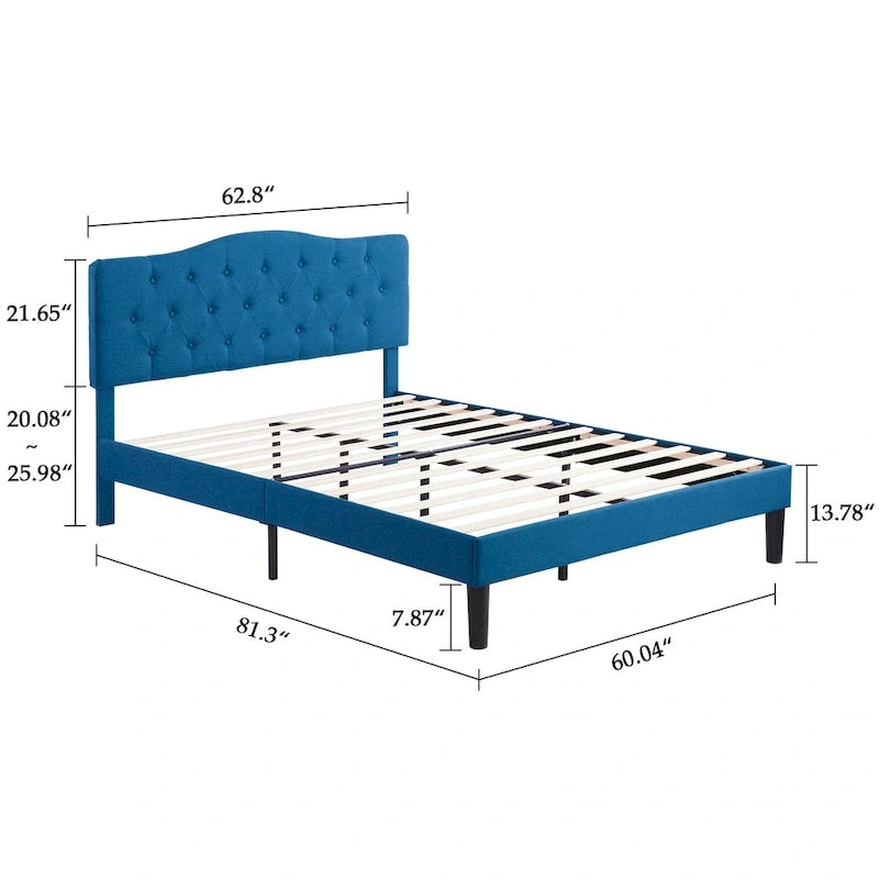 Dark Blue Tufted Upholstered Platform Bed Frame, Adjustable Headboard – Twin / Full / Queen