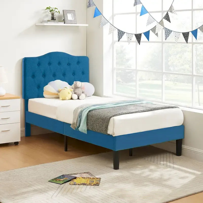 Dark Blue Tufted Upholstered Platform Bed Frame, Adjustable Headboard – Twin / Full / Queen