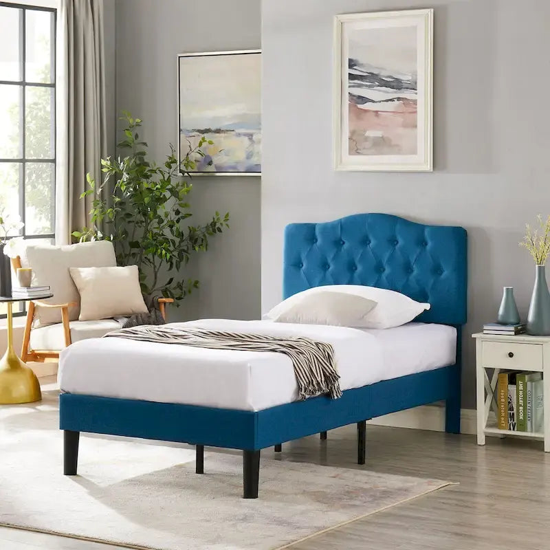 Dark Blue Tufted Upholstered Platform Bed Frame, Adjustable Headboard – Twin / Full / Queen