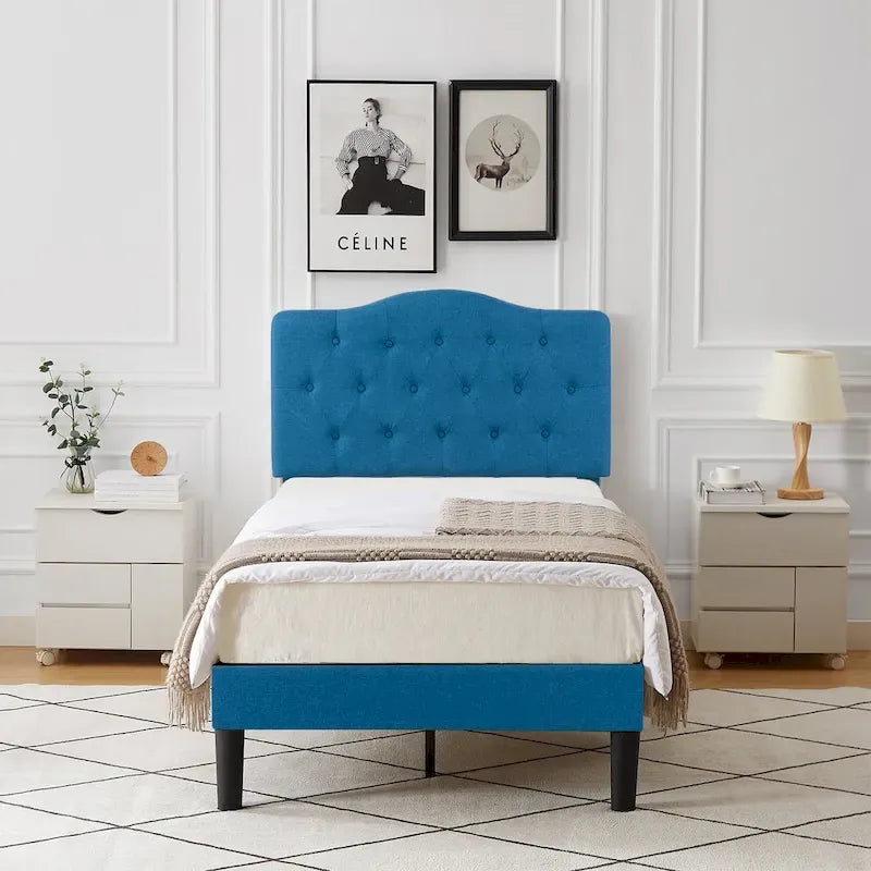 Dark Blue Tufted Upholstered Platform Bed Frame, Adjustable Headboard – Twin / Full / Queen