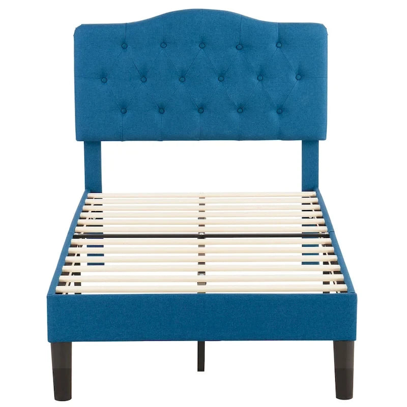 Dark Blue Tufted Upholstered Platform Bed Frame, Adjustable Headboard – Twin / Full / Queen