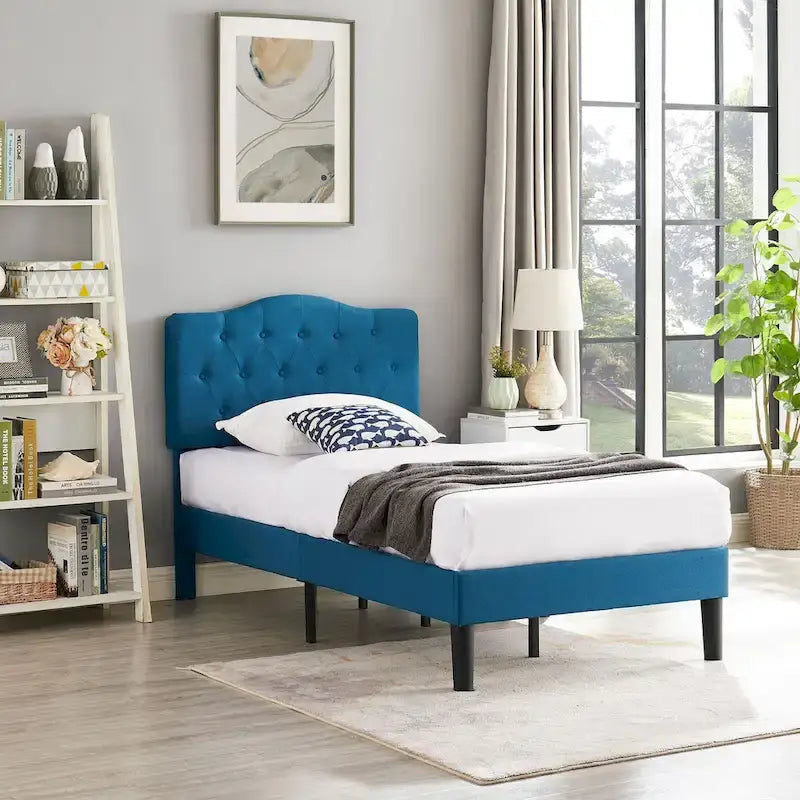 Dark Blue Tufted Upholstered Platform Bed Frame, Adjustable Headboard – Twin / Full / Queen