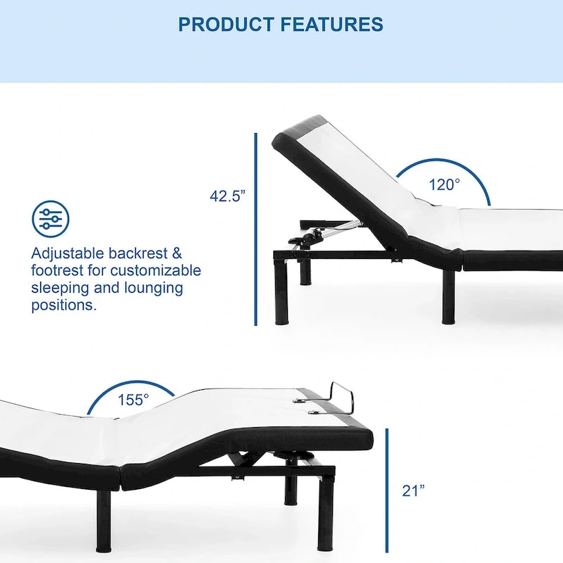 Black Electric Adjustable Bed Frame with USB Ports – Twin XL / Full / Queen / King