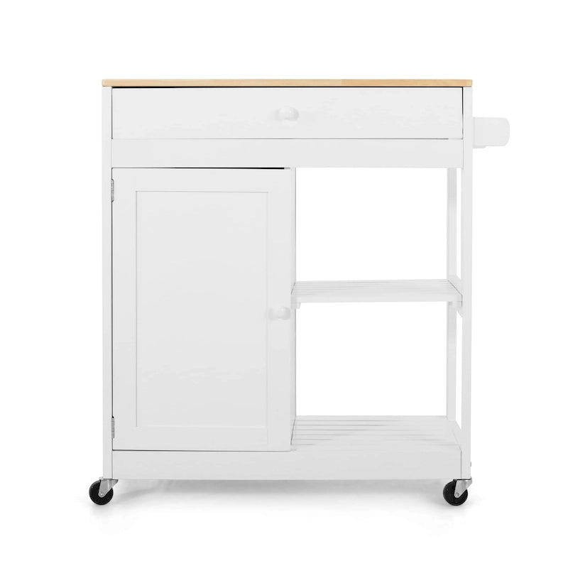 Black/White/Gray & Natural Wood Top Rolling Kitchen Cart with Drawer & Cabinet, for 1