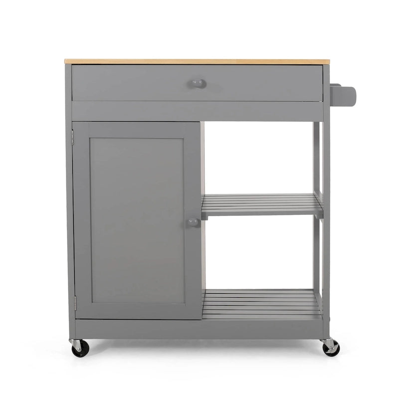 Black/White/Gray & Natural Wood Top Rolling Kitchen Cart with Drawer & Cabinet, for 1