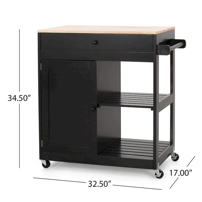 Black/White/Gray & Natural Wood Top Rolling Kitchen Cart with Drawer & Cabinet, for 1
