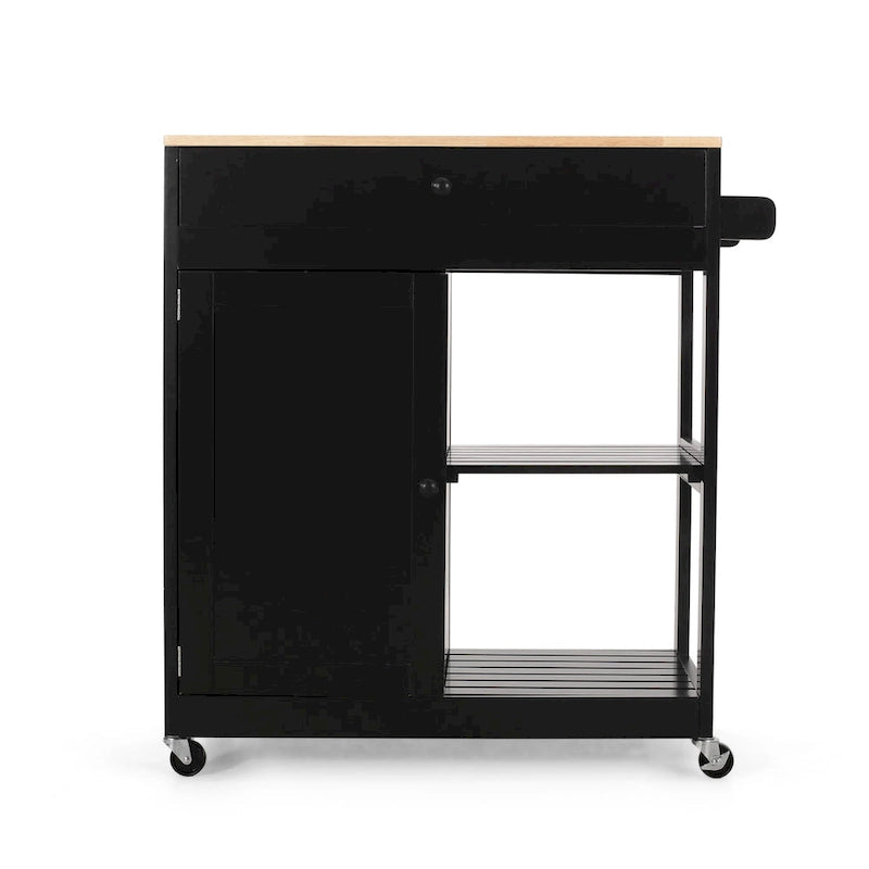 Black/White/Gray & Natural Wood Top Rolling Kitchen Cart with Drawer & Cabinet, for 1