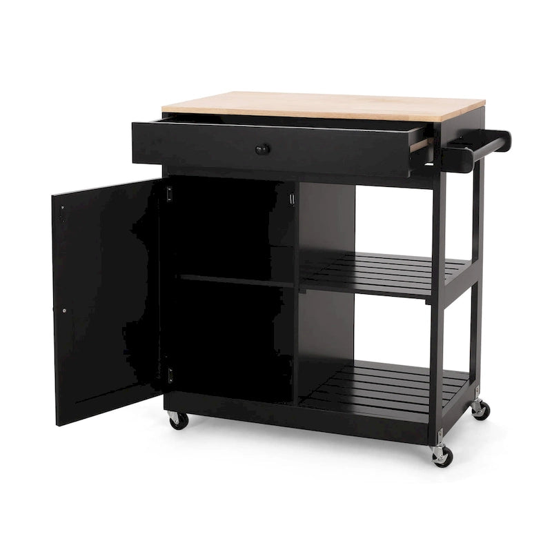 Black/White/Gray & Natural Wood Top Rolling Kitchen Cart with Drawer & Cabinet, for 1