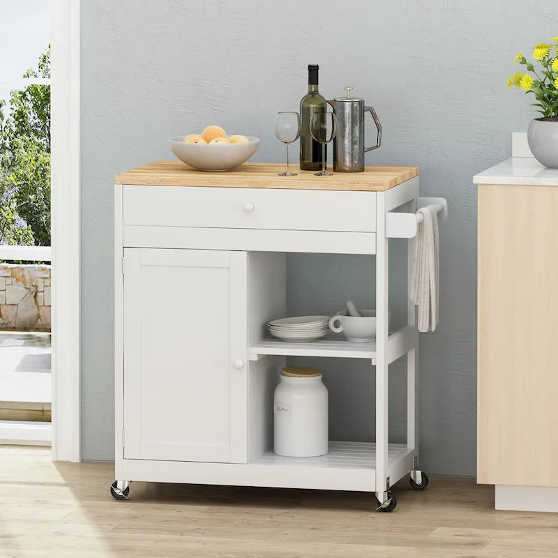 Black/White/Gray & Natural Wood Top Rolling Kitchen Cart with Drawer & Cabinet, for 1