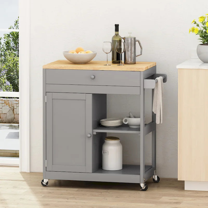 Black/White/Gray & Natural Wood Top Rolling Kitchen Cart with Drawer & Cabinet, for 1