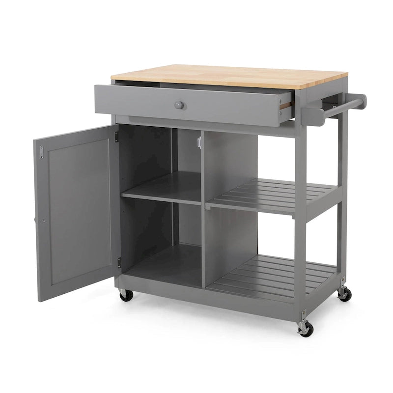 Black/White/Gray & Natural Wood Top Rolling Kitchen Cart with Drawer & Cabinet, for 1