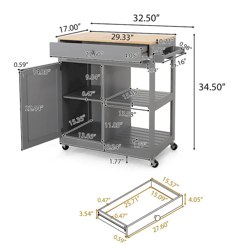 Black/White/Gray & Natural Wood Top Rolling Kitchen Cart with Drawer & Cabinet, for 1