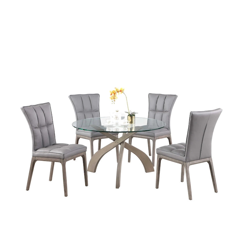 Grey 5-Piece Round Glass Top Dining Set with Tufted Chairs