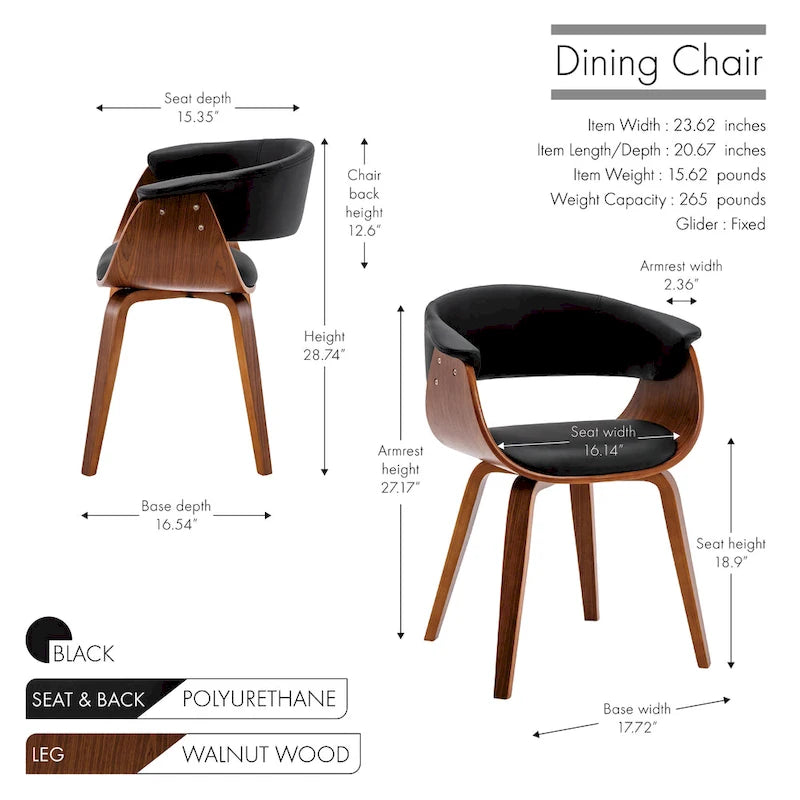 White / Brown / Black Mid-Century Dining Chair, PU Leather, Walnut Legs, Seats 1