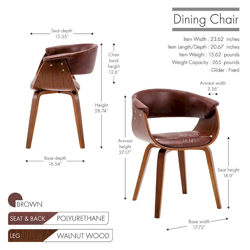 White / Brown / Black Mid-Century Dining Chair, PU Leather, Walnut Legs, Seats 1