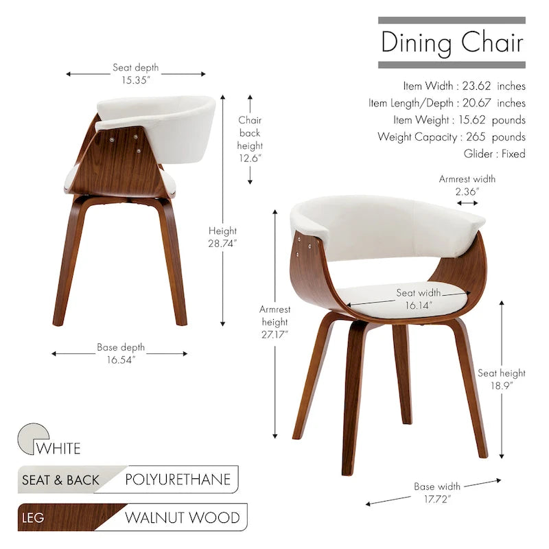 White / Brown / Black Mid-Century Dining Chair, PU Leather, Walnut Legs, Seats 1