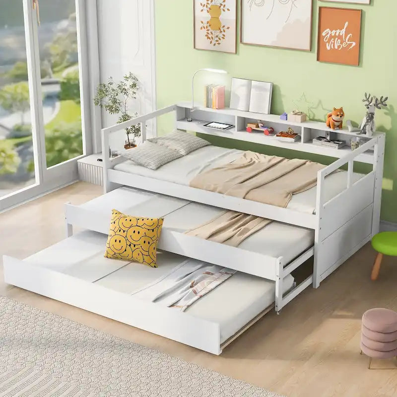 White / Grey, Sleeps 3, Twin XL Wood Daybed with 2 Trundles & USB Port