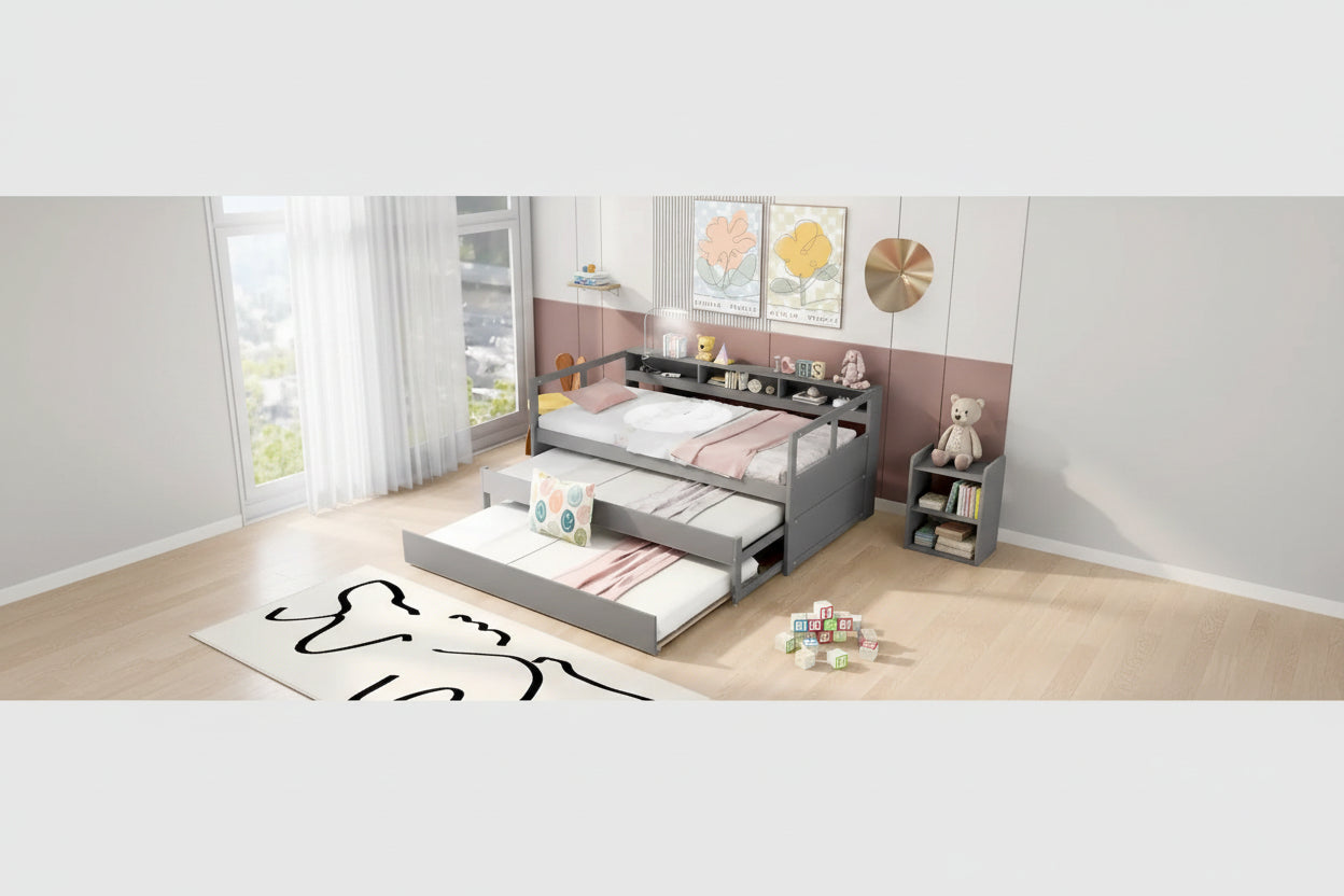 White / Grey, Sleeps 3, Twin XL Wood Daybed with 2 Trundles & USB Port