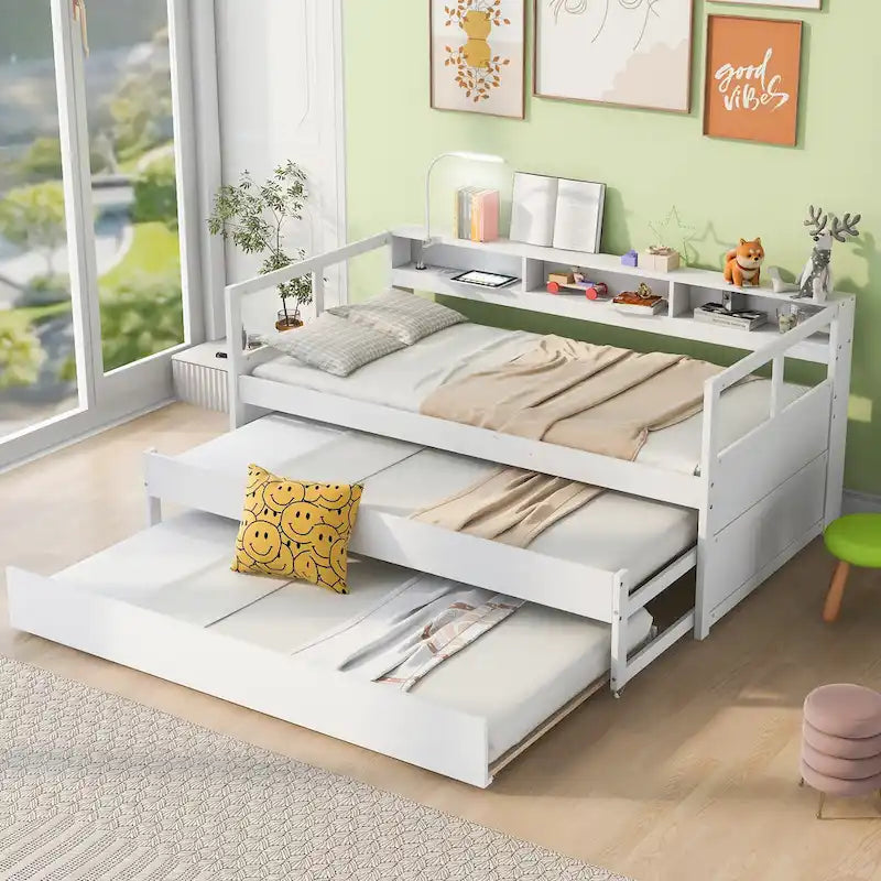 White / Grey, Sleeps 3, Twin XL Wood Daybed with 2 Trundles & USB Port
