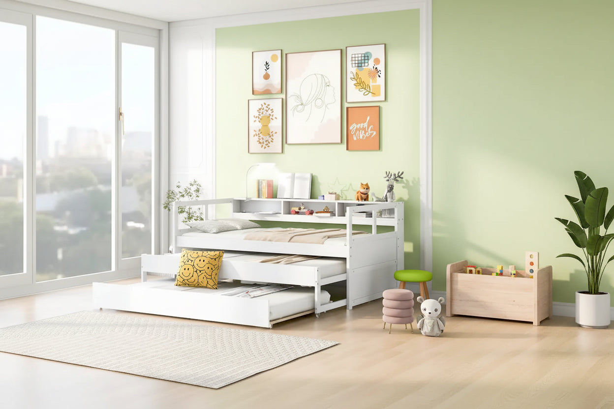 White / Grey, Sleeps 3, Twin XL Wood Daybed with 2 Trundles & USB Port